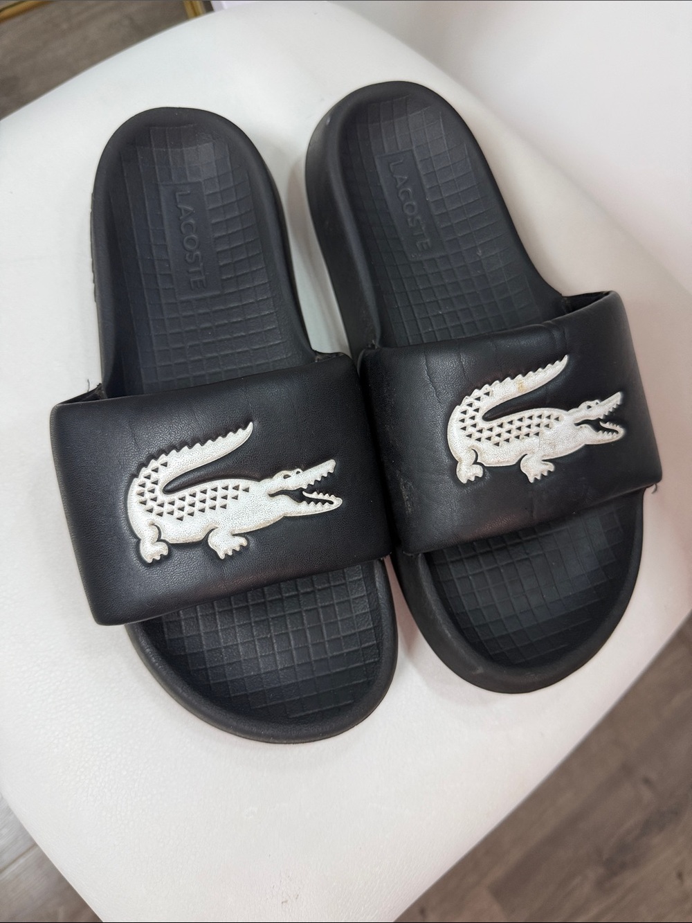 Lacoste Black Slides with White Crocodile Logo